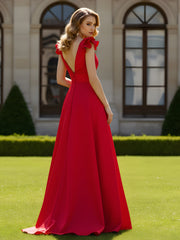 A-line Sculptural Shoulder Ruffle V-neck Long Dress Red