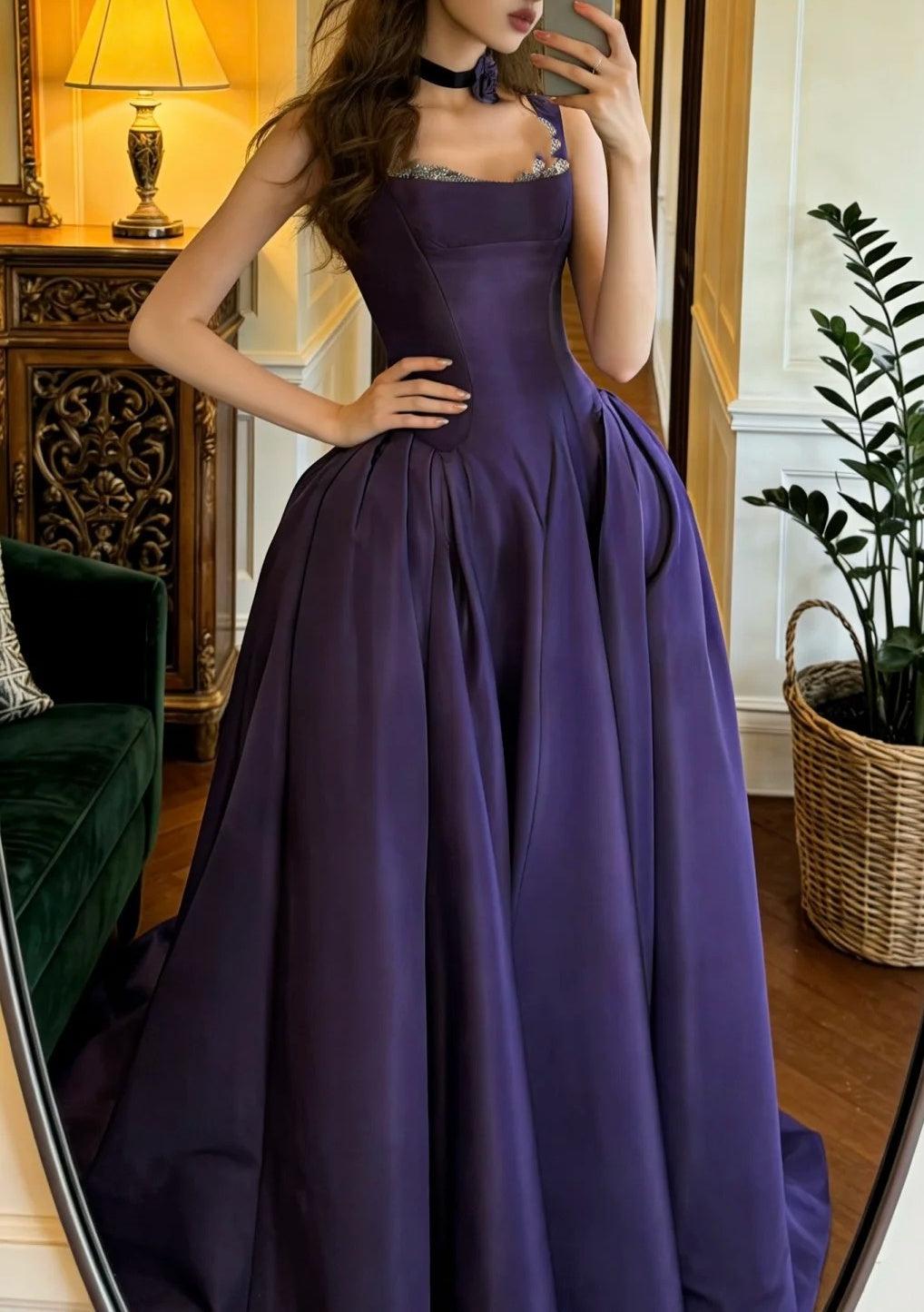 Elegant Prom Dress Dark Purple Straps Pleated Formal Gala Gown Evening Dress Graduation Outfits HZ0319