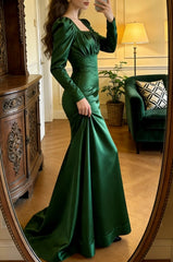 Elegant Prom Dress Dark Green Satin Square Neck Pleated Mermaid Gala Gown Evening Dress Graduation Outfits HZ0319