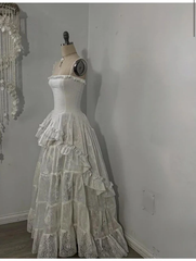Retro Spaghetti Straps A-Line Lace Ruffles Vintage Wedding Dress Eveing Dress, HZ0319