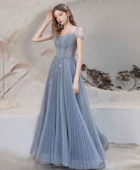 Blue tulle lace off shoulder long prom dress tulle formal dress