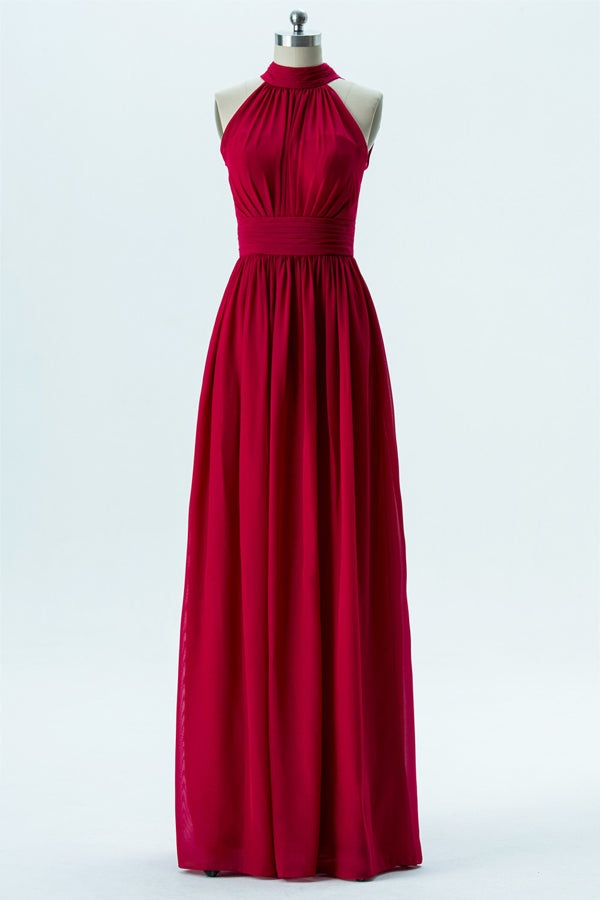 Red Chiffon Halter Banded Waist Bridesmaid Dress