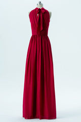 Red Chiffon Halter Banded Waist Bridesmaid Dress