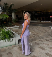 Sheath Elegant Chiffon Pleated Lavender formal dresses Bridesmaid Dresses evening gown Prom Dress With Split