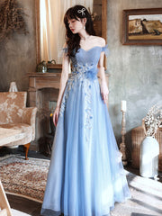 Blue tulle off shoulder long prom dress, blue tulle formal dress