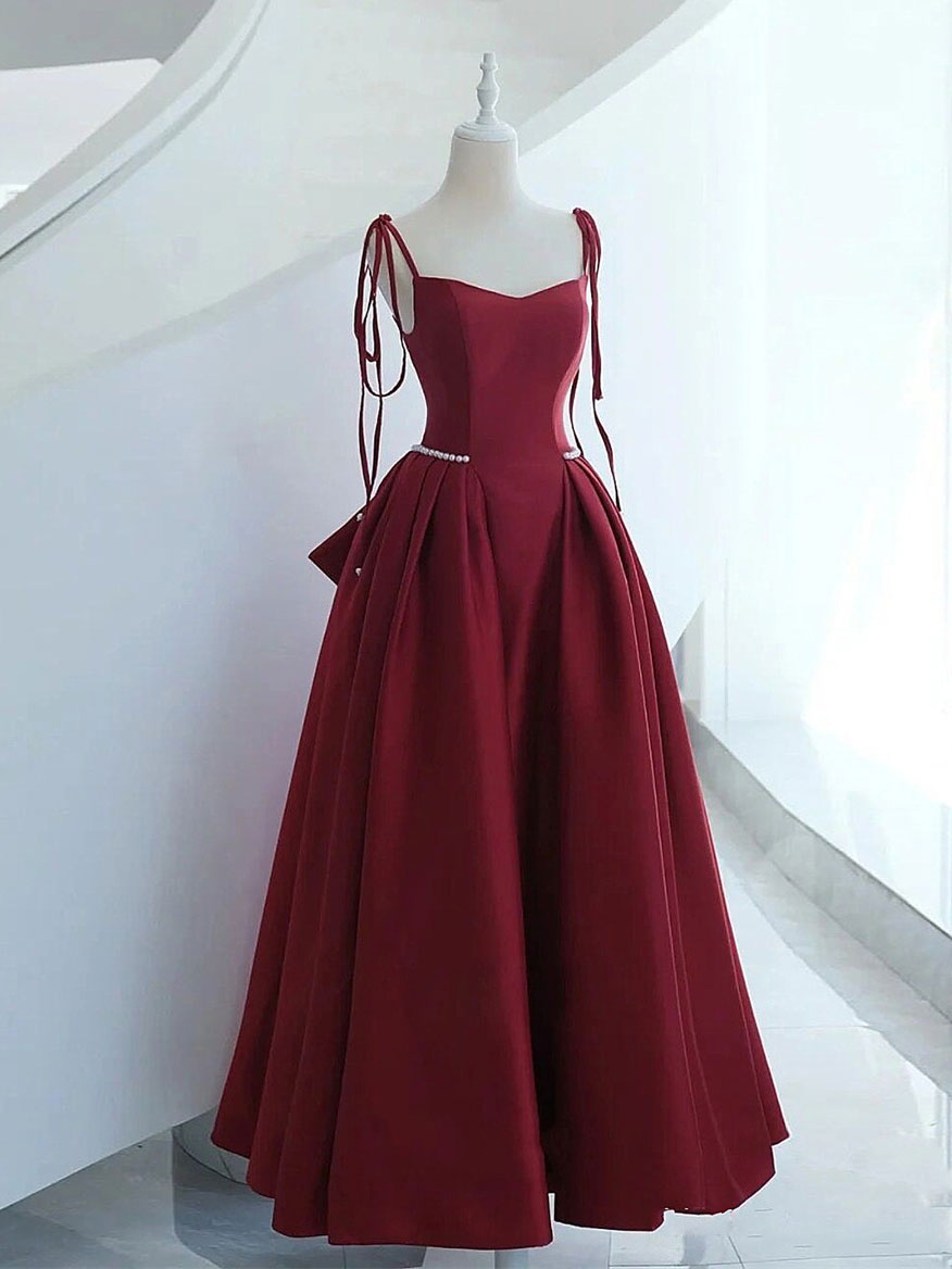 Aline Burgundy Long Prom Dress, Satin Formal Burgundy Evening Gown