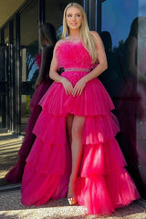 Marie| Fuchsia A-line High-Low Strapless Ruffled Tulle Prom Dress with Feathers