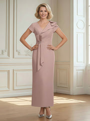 Pleated V-neck Sheath Ruffles Tea-Length Dress Dusty Rose