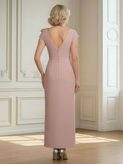 Pleated V-neck Sheath Ruffles Tea-Length Dress Dusty Rose