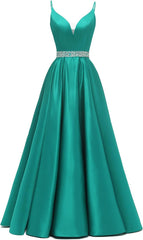 Spaghetti Stracles Robe de bal Long Satin perle en V V Vandes de balle de fête de soirée avec poches