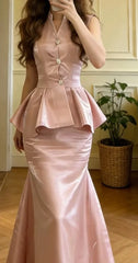 Pretty Prom Dress Pink Satin V-neck Mermaid Graduation Gala Gown Evening Dress Formal Outfits HZ0319