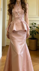 Pretty Prom Dress Pink Satin V-neck Mermaid Graduation Gala Gown Evening Dress Formal Outfits HZ0319