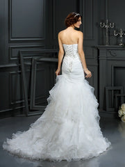 Trumpet/Mermaid Sweetheart Beading Sleeveless Long Organza Wedding Dresses