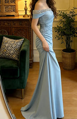 Elegant Prom Dress Light Blue Off Shoulder Pleated Gala Gown Formal Evening Dress Graduation Outfits HZ0319