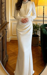 Stunning Prom Dress White Crew Neck Pleated Mermaid Gala Gown Formal Evening Dress Graduation Outfits HZ0319