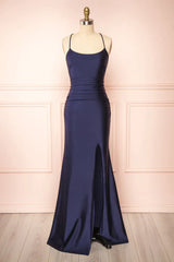 Simple Navy Blue Mermaid Prom Dress Long Satin Evening Gown