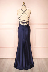 Simple Navy Blue Mermaid Prom Dress Long Satin Evening Gown