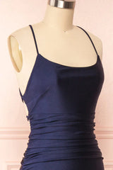 Simple Navy Blue Mermaid Prom Dress Long Satin Evening Gown