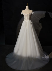 A-line Off Shoulder White Flowers and Tulle Party Dress, White Long Formal Dress Prom Dress