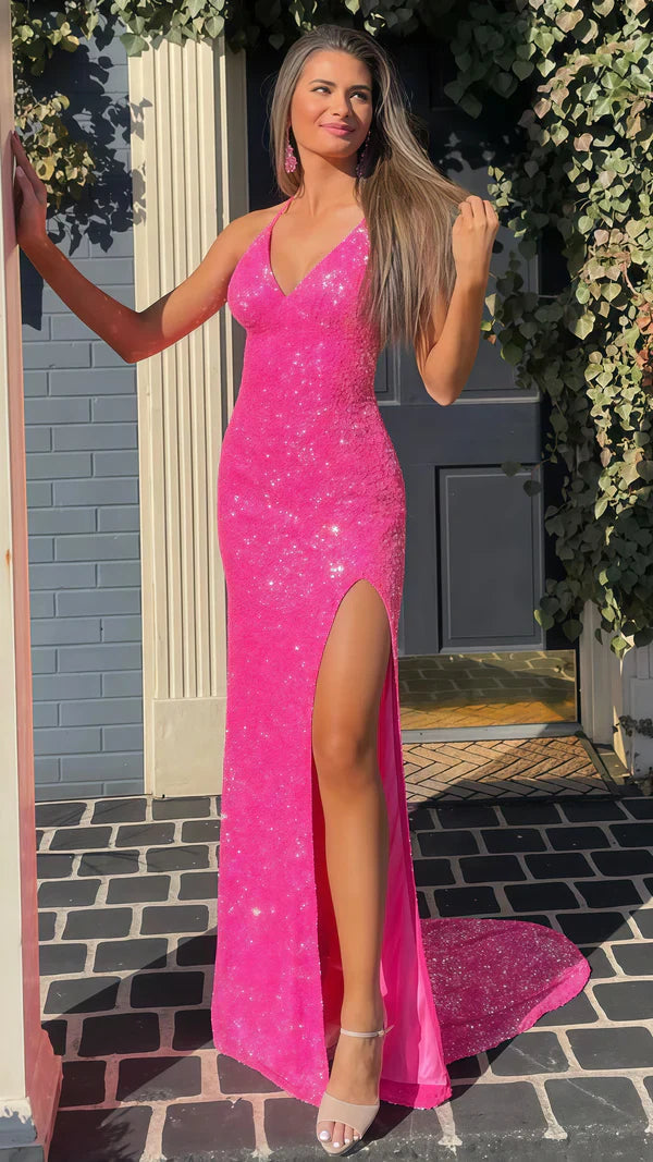 Hot Pink Sequin Prom Dress Mermaid Split Evening Gown