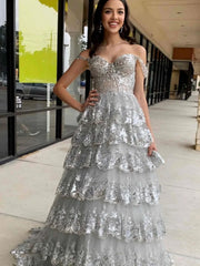 Glitter Hot Pink Corset Off the Shoulder Lace Long Prom Dress