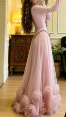 Beauty Prom Dress Light Pink Crew Neck Tulle Pleated Gala Gown Formal Evening Dress Party Outfits HZ0319