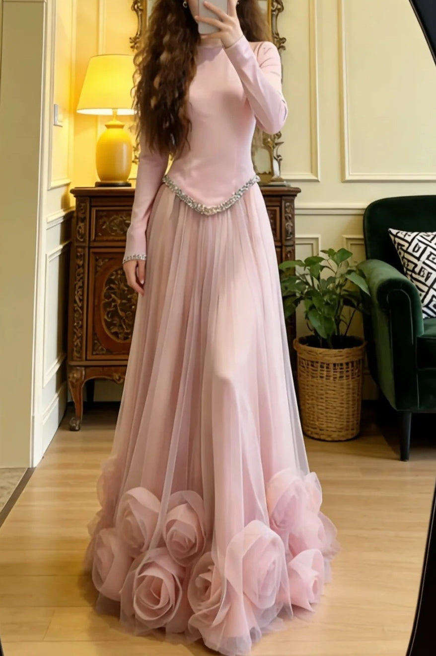 Beauty Prom Dress Light Pink Crew Neck Tulle Pleated Gala Gown Formal Evening Dress Party Outfits HZ0319