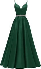 Spaghetti Stracles Robe de bal Long Satin perle en V V Vandes de balle de fête de soirée avec poches