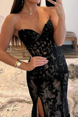 Mermaid Sweetheart Black Corset Prom Dress with Appliques
