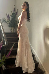 Light Blue Mermaid Spaghetti Straps Long Beaded Prom Dress