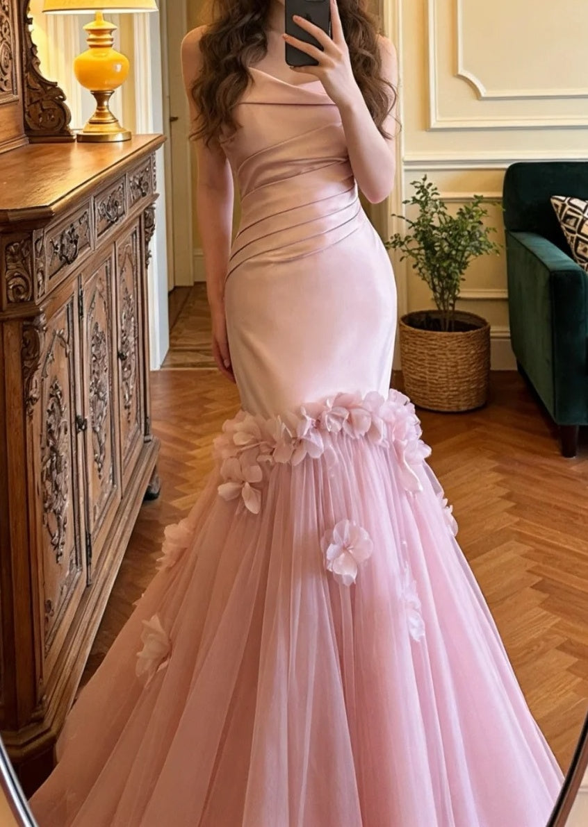 Elegant Prom Dress Strapless Pleated Tulle Mermaid Formal Gala Gown Evening Dress Party Outfits HZ0319