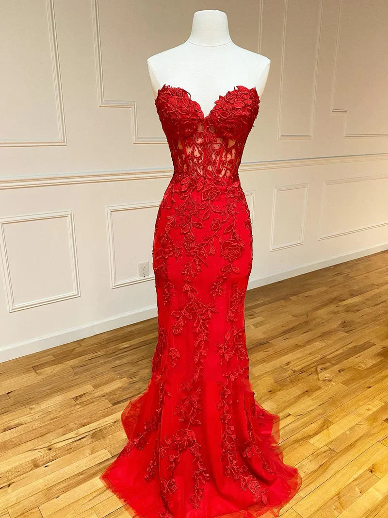 Strapless Red Blue Black Purple Lace Mermaid Long Prom Dresses