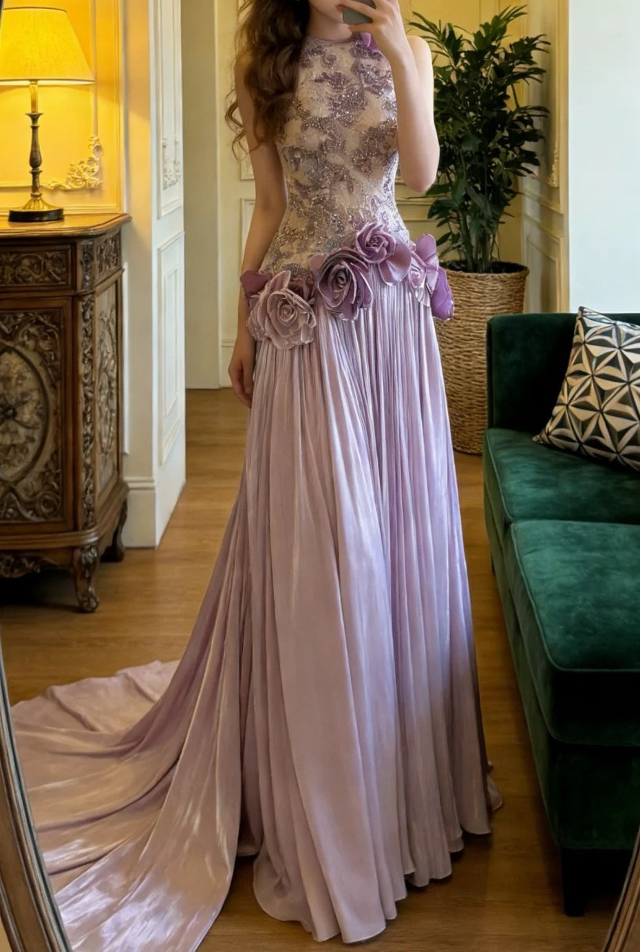 Charming Prom Dress Light Purple Crew Neck Pleated Gala Gown Formal Outfits Evening Dress Graduation Dress HZ0319