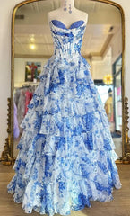 Floral Blue Print Strapless Long Prom Dress with Chiffon Ruffle Skirt