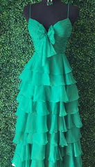 Chiffon Long Prom Dress with Bow on Bodice and Ruffle Skirt