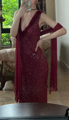 90s Shiny Prom Dress Wine Red V-neck Gala Gown Evening Dress Birthday Party Outfits HZ0319