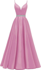 Spaghetti Stracles Robe de bal Long Satin perle en V V Vandes de balle de fête de soirée avec poches
