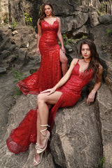 Mermaid Spaghetti Straps Dark Red Plus Size Prom Dress with Split Front Sexy