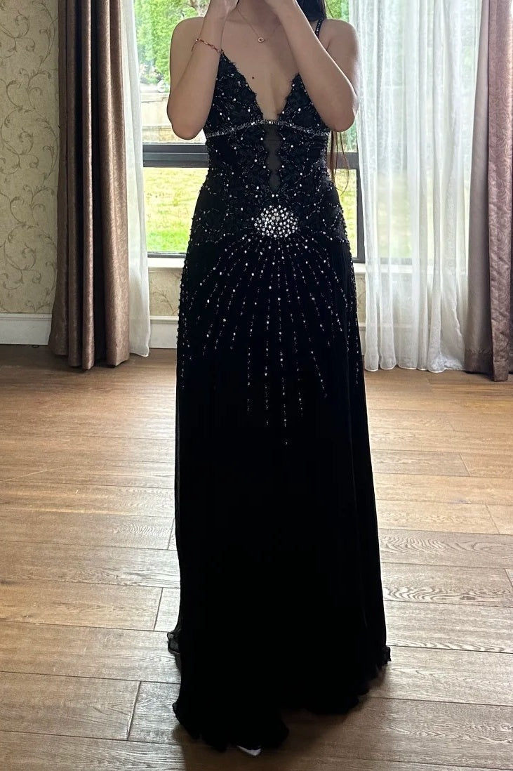 90s Stunning Prom Dress Black Spaghetti Straps Beading Formal Gala Gown Evening Dress Birthday Party Outfits HZ0319