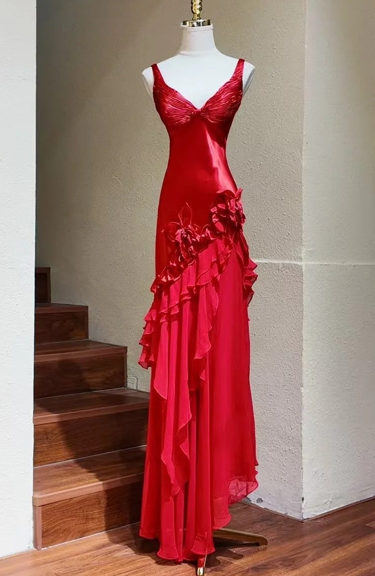Vintage Prom Dress Red Straps Ruffle Pleated Formal Gala Gown Evening Dress Birthday Party Outfits HZ0319
