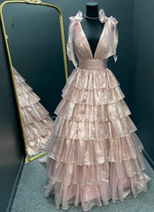 V-neck Open Back Ball Gown Long Prom Dress with Ruffle Skirt