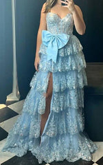 Strapless Sparkly Lace Long Prom Dress with Bow and Ruffle Skirt