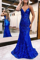 Mermaid V Neck Royalblue Sequins Lace Long Prom Dresses