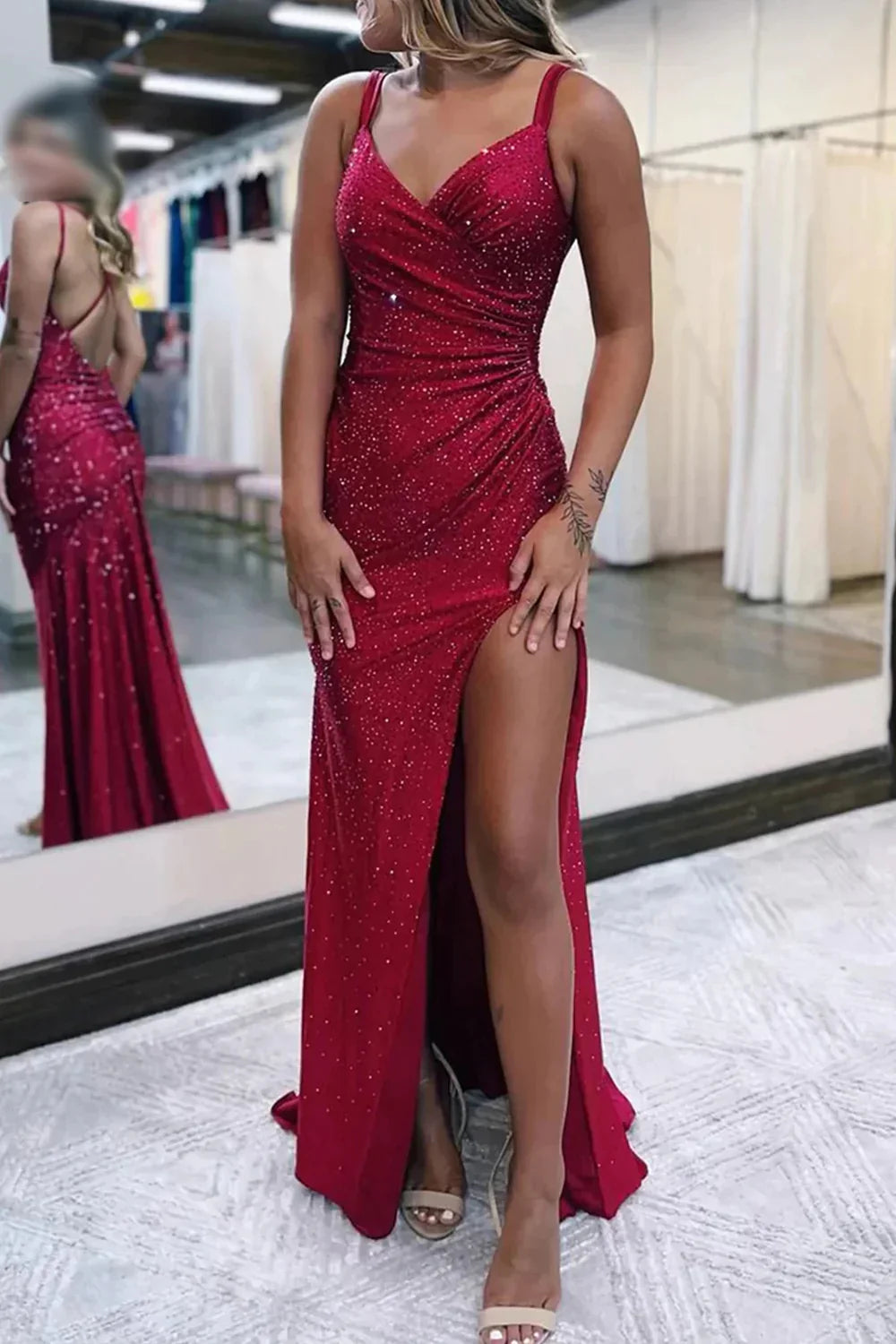 Sparkly Dark Red V Neck Sequins Long Prom Dress with Slit