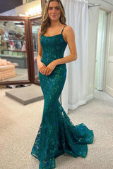 Dark Green Sequins Lace Mermaid Long Prom Dress