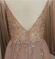 A Line V Neck Grey Beaded Long Prom Dress with Split Formal Dresses