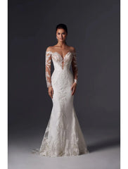Engagement Formal Wedding Dresses Mermaid Off Shoulder Long Sleeve Court Train Satin Bridal Gowns With Appliques Solid Color 2025