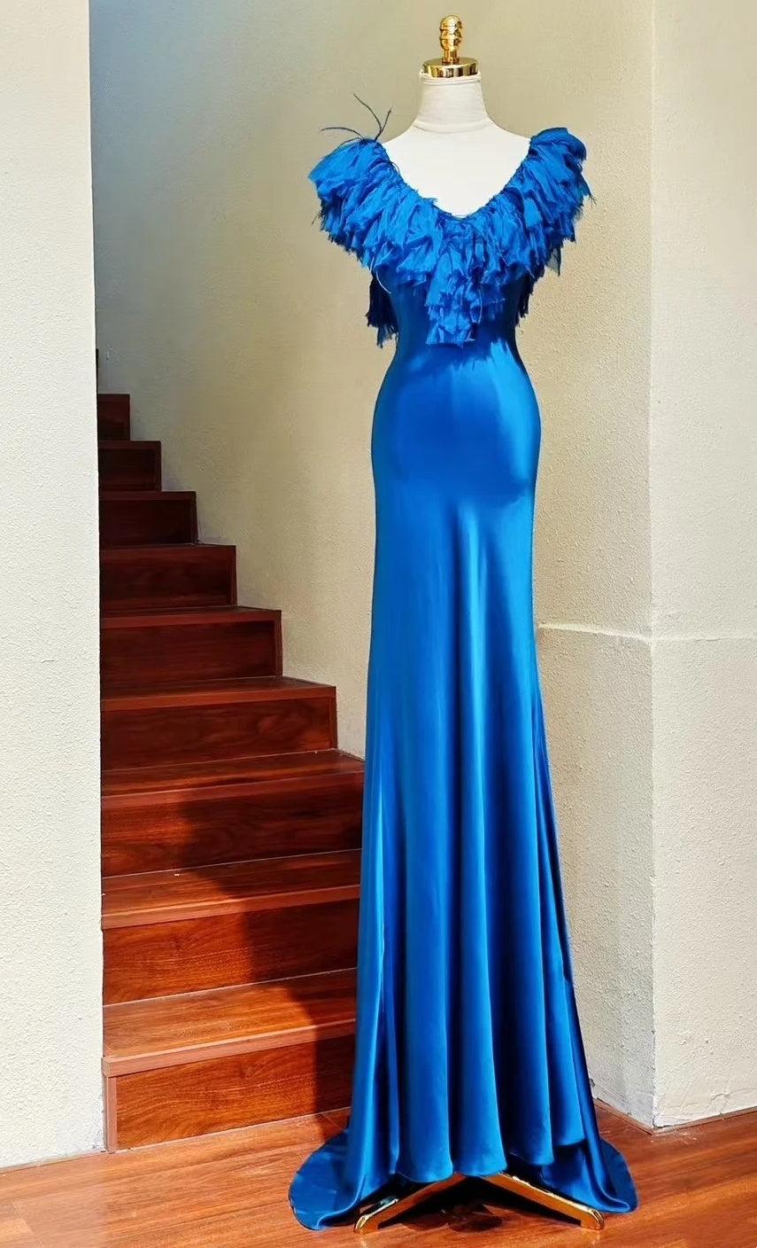 Elegant Prom Dress Satin Blue V-neck Backless Gala Gown Evening Dress Birthday Party Outfits HZ0319