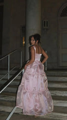 A Line Spaghetti Straps Pink Long Prom Dress with Lace
