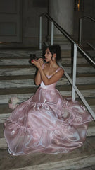 A Line Spaghetti Straps Pink Long Prom Dress with Lace